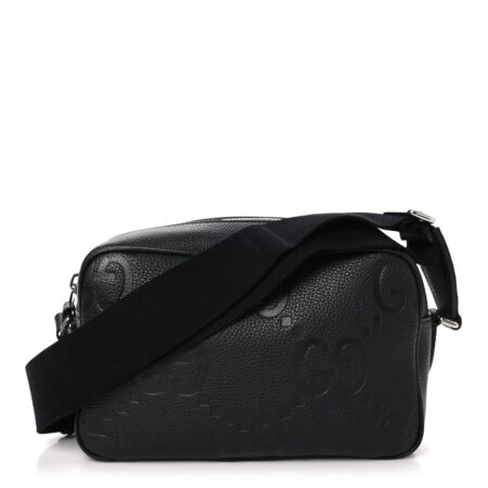 Front view of the black Gucc! Piuma Medium Messenger Bag with embossed Jumbo GG pattern