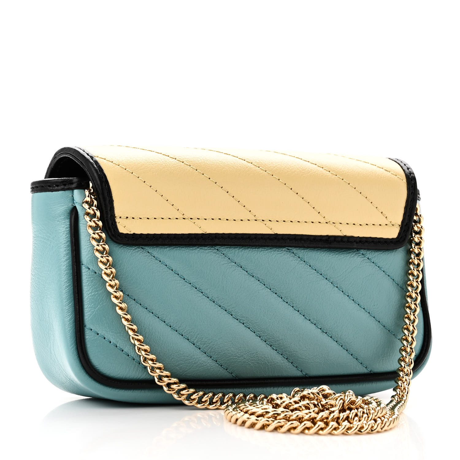Back view of the Superfake Gucc! GG Marmont Super Mini Bag with blue and yellow leather panels and gold torchon GG closure