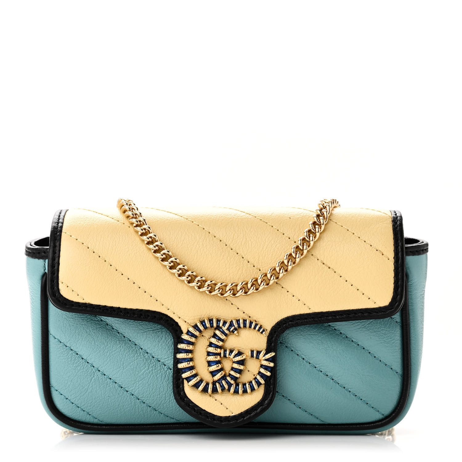 Front view of the Superfake Gucc! GG Marmont Super Mini Bag with blue and yellow leather panels and gold torchon GG closure