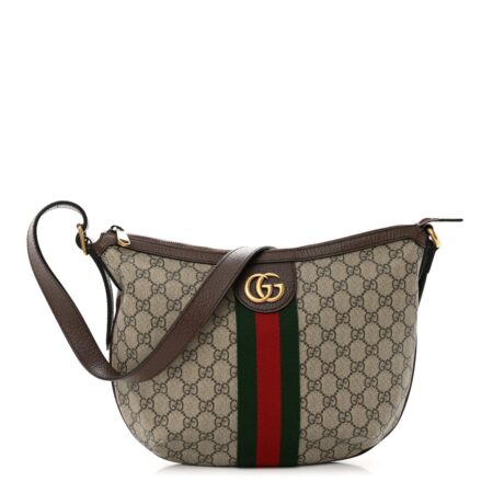 Front view of the brown Gucc! Ophidia Half Moon Hobo with GG Supreme monogram canvas and Web stripe