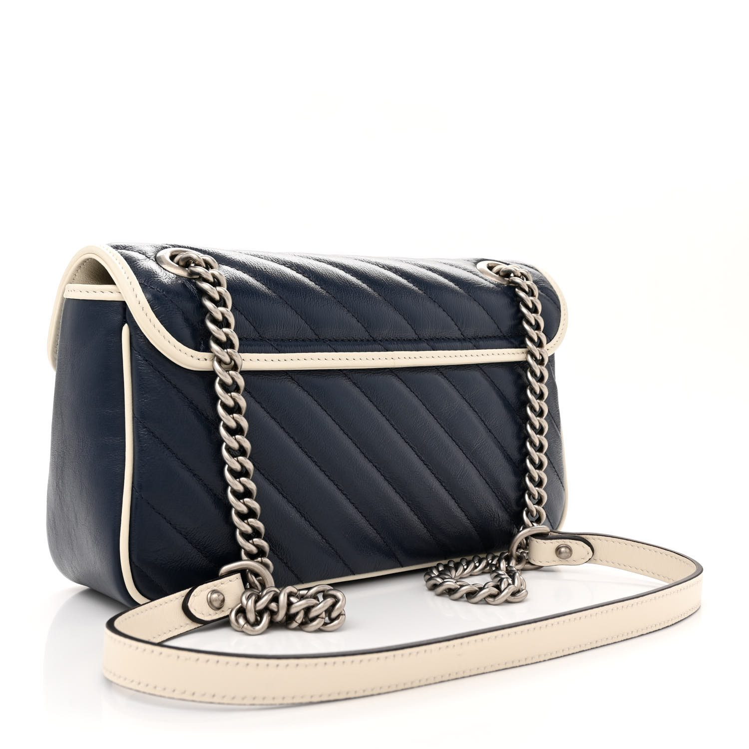 Back view of the superfake blue Gucc! GG Marmont Small Shoulder Bag with white trim and textured silver-tone GG logo