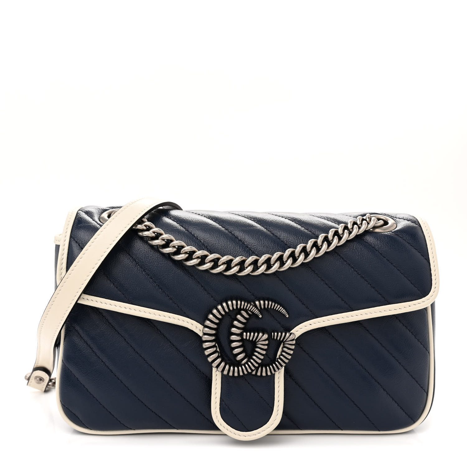 Front view of the superfake blue Gucc! GG Marmont Small Shoulder Bag with white trim and textured silver-tone GG logo